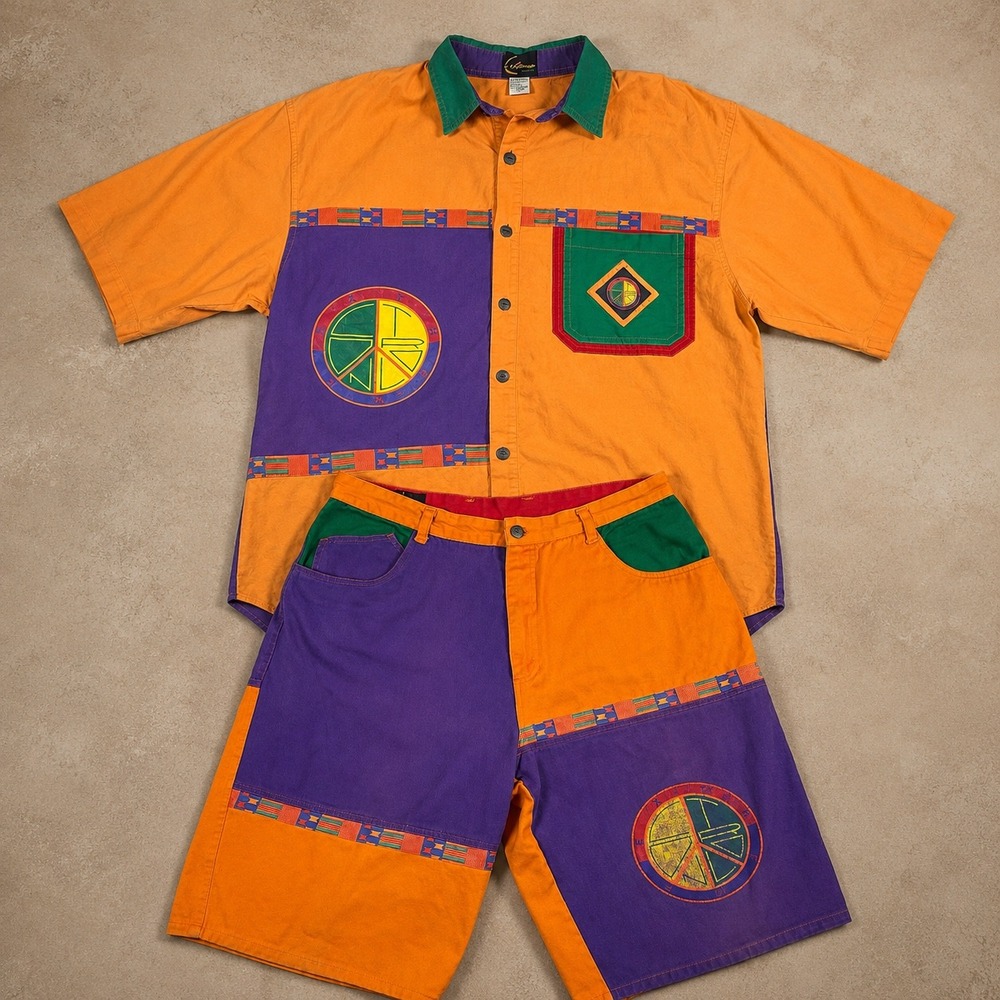 Vintage Extreme Control Colorblock Shirt & Shorts Set Mens L 38 90s Streetwear